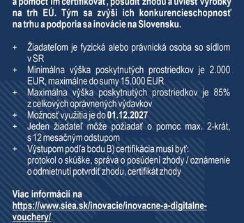 Inovační poukázky SIEA – podpora certifikace slovenských výrobků